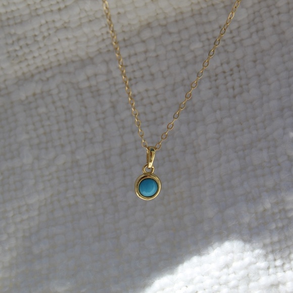 Sterling Silver Gold Necklace with Turquoise Mini Round Pendant - Picture 5 of 10